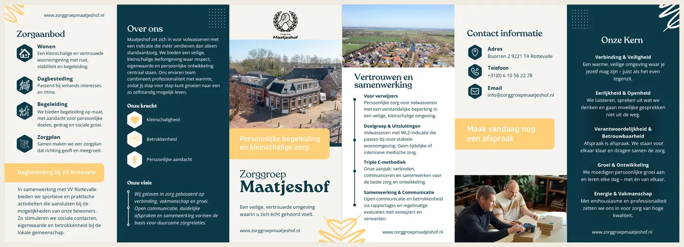 Beide zijden van de folder voor Folder voor Zorggroep Maatjeshof