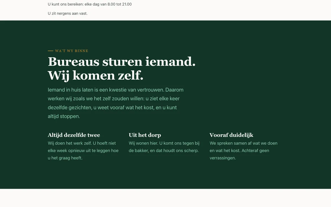 Een sectie van de website van Skjinsweach, met de belofte dat er altijd dezelfde twee mensen komen