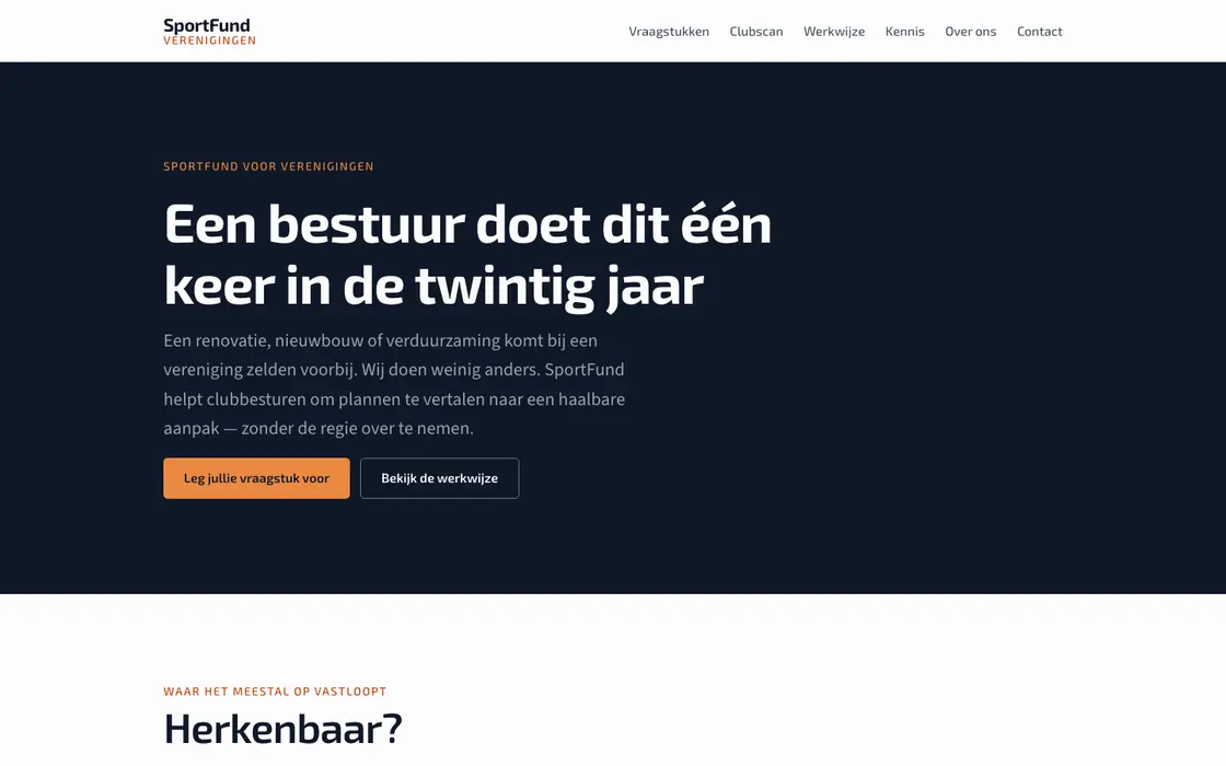 Startpagina van de website van SportFund Verenigingen
